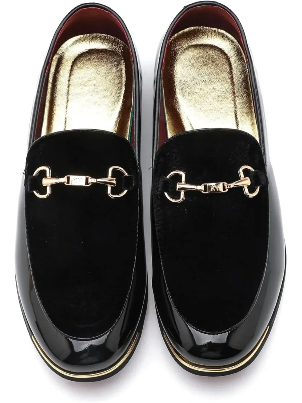 Men's Luxury Velvet & Patent Leather Loafers with Gold Buckle - Dress Shoes 7-13